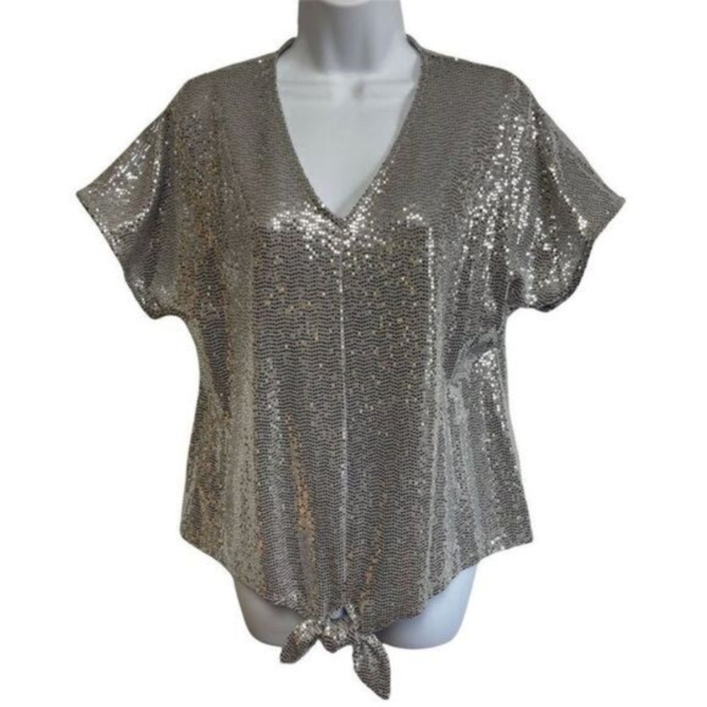 Prelude Sequin Top Tie Front V-Neck Party Sparkle Blouse Silver Medium